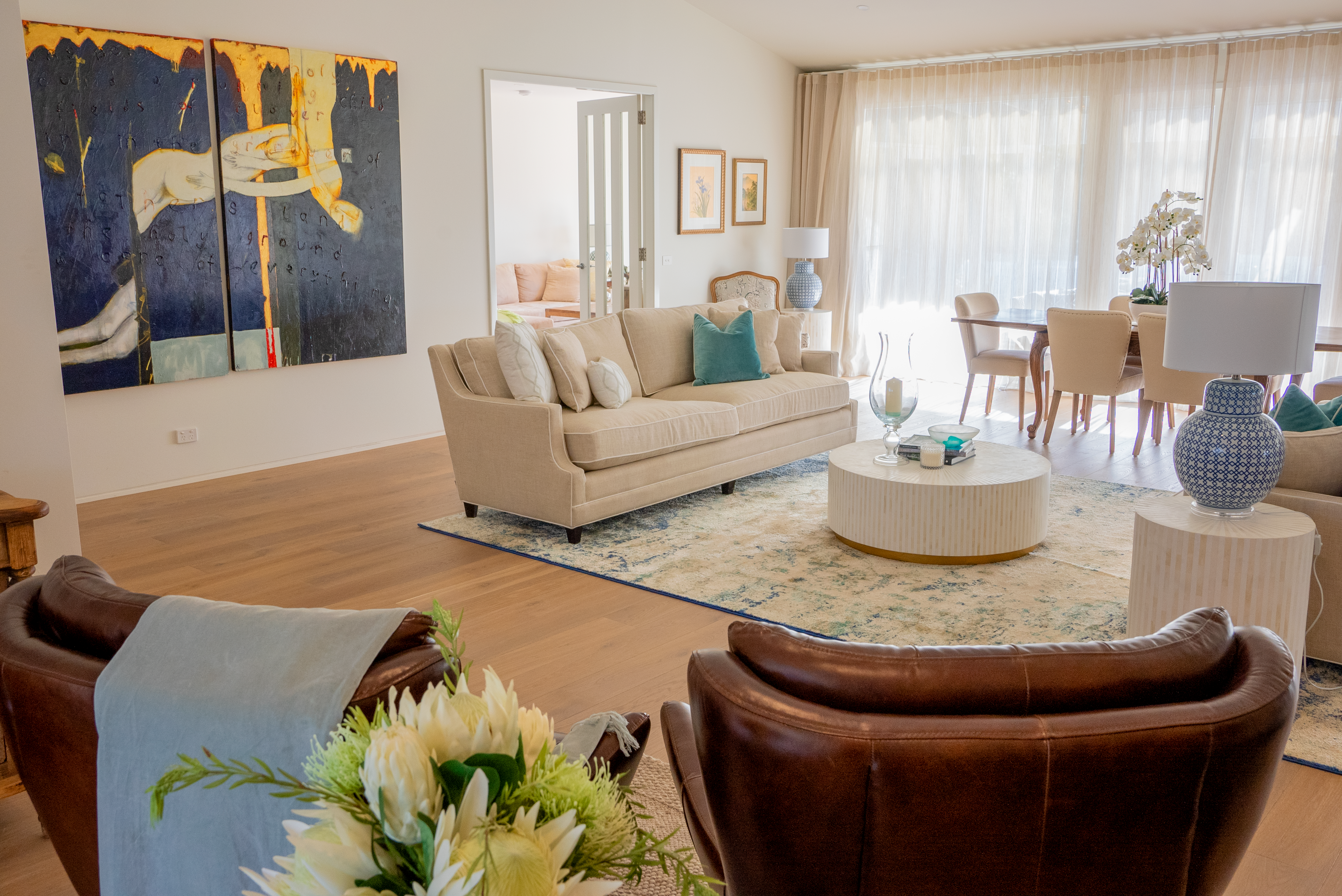 Peninsula farm residence &mdash; formal living room with wide-plank oak
